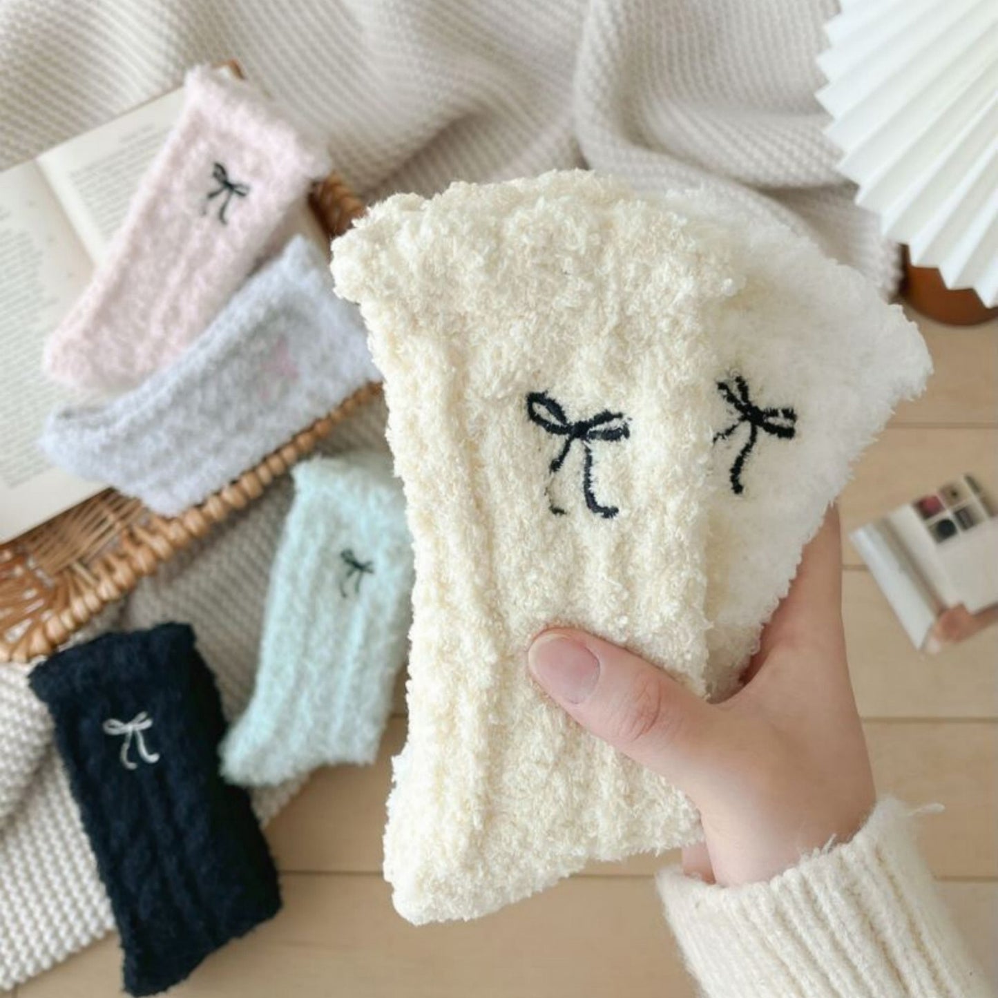 3-Pack Fuzzy Crew Socks with Embroidered Bow Detail and Soft Plush Texture