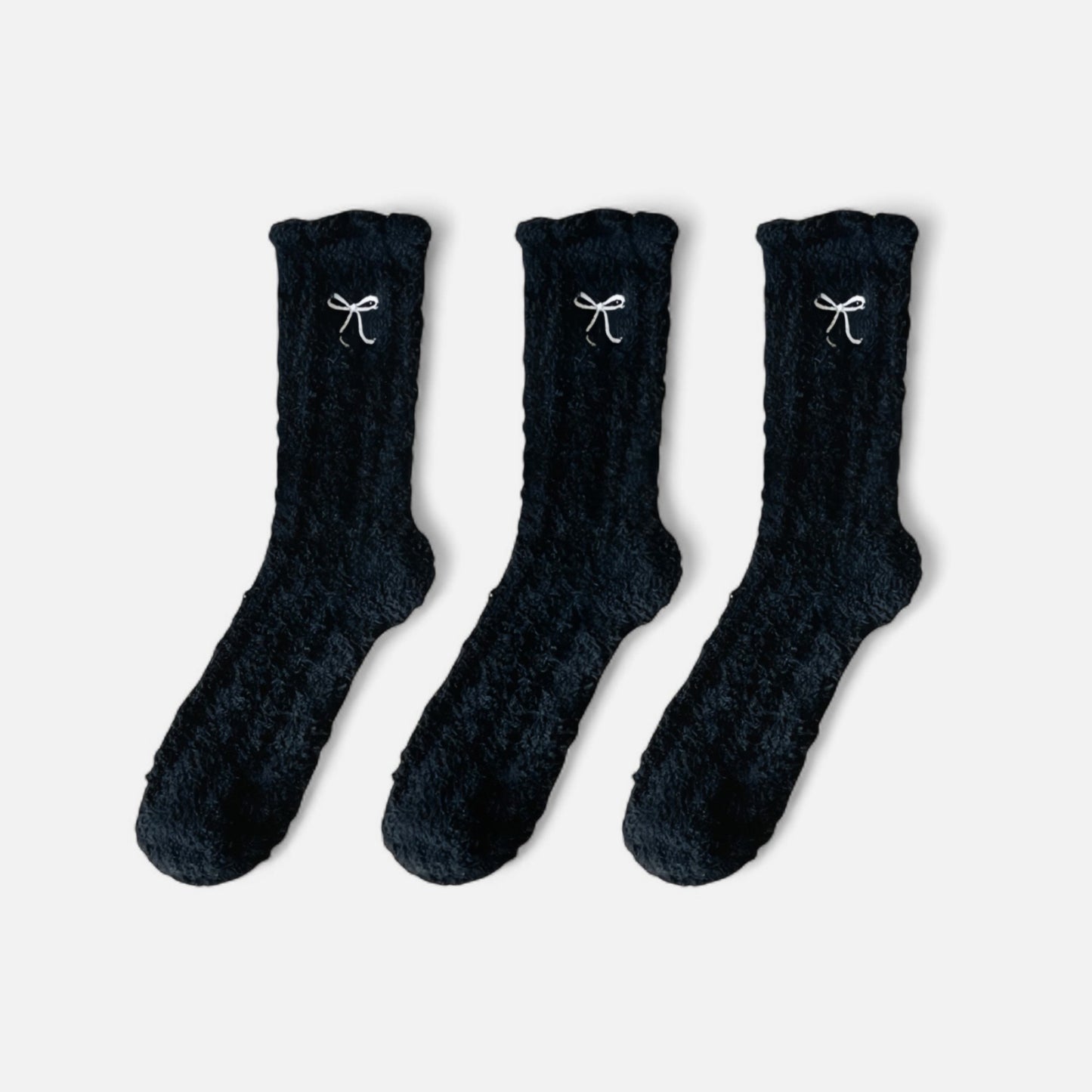 3-Pack Fuzzy Crew Socks with Embroidered Bow Detail and Soft Plush Texture