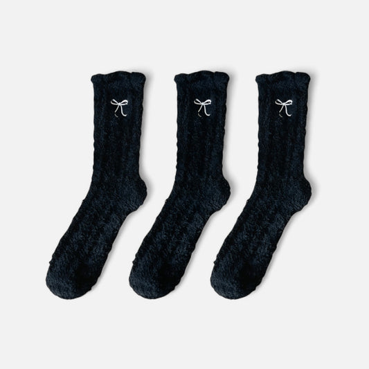3-Pack Fuzzy Crew Socks with Embroidered Bow Detail and Soft Plush Texture