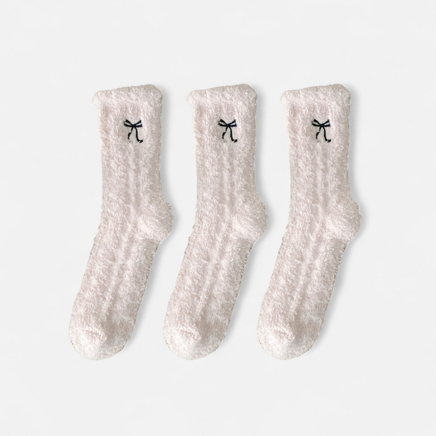 3-Pack Fuzzy Crew Socks with Embroidered Bow Detail and Soft Plush Texture