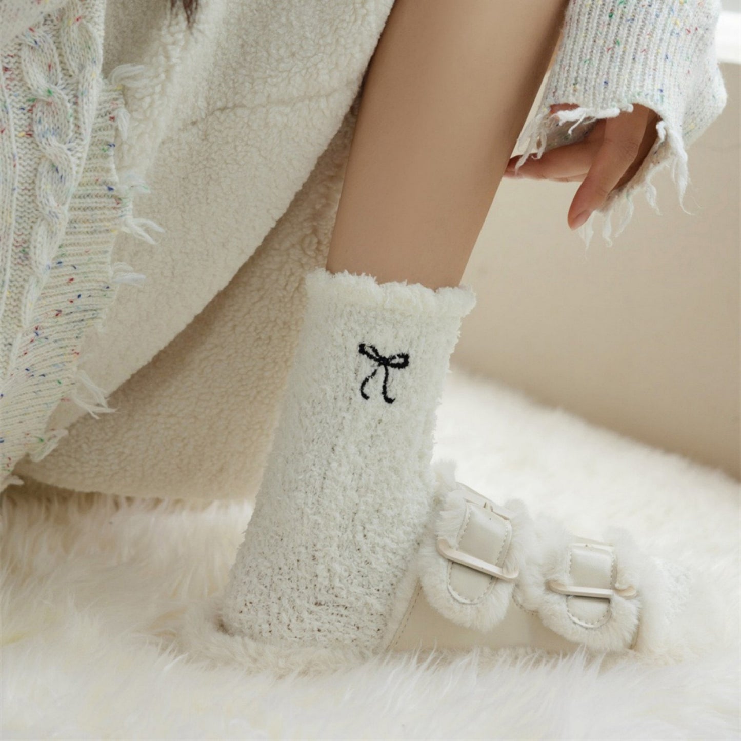 3-Pack Fuzzy Crew Socks with Embroidered Bow Detail and Soft Plush Texture