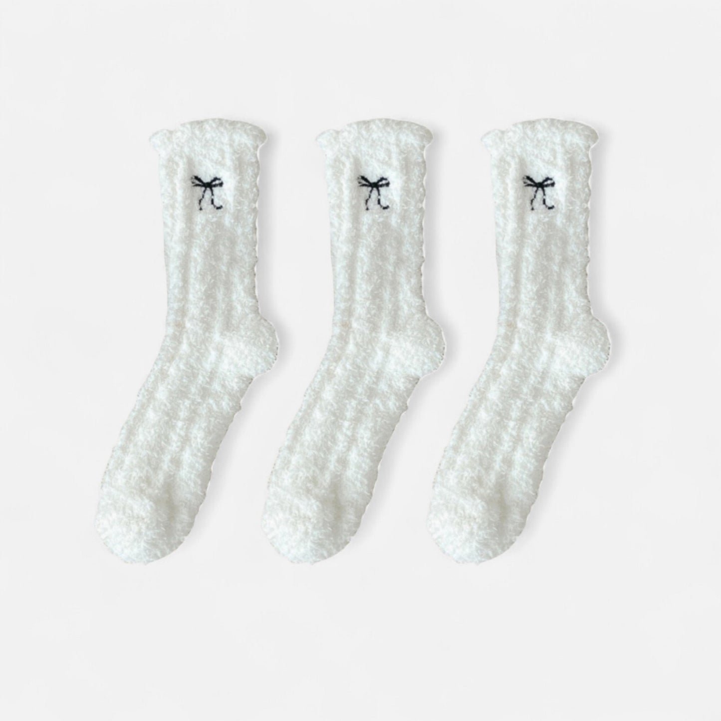3-Pack Fuzzy Crew Socks with Embroidered Bow Detail and Soft Plush Texture