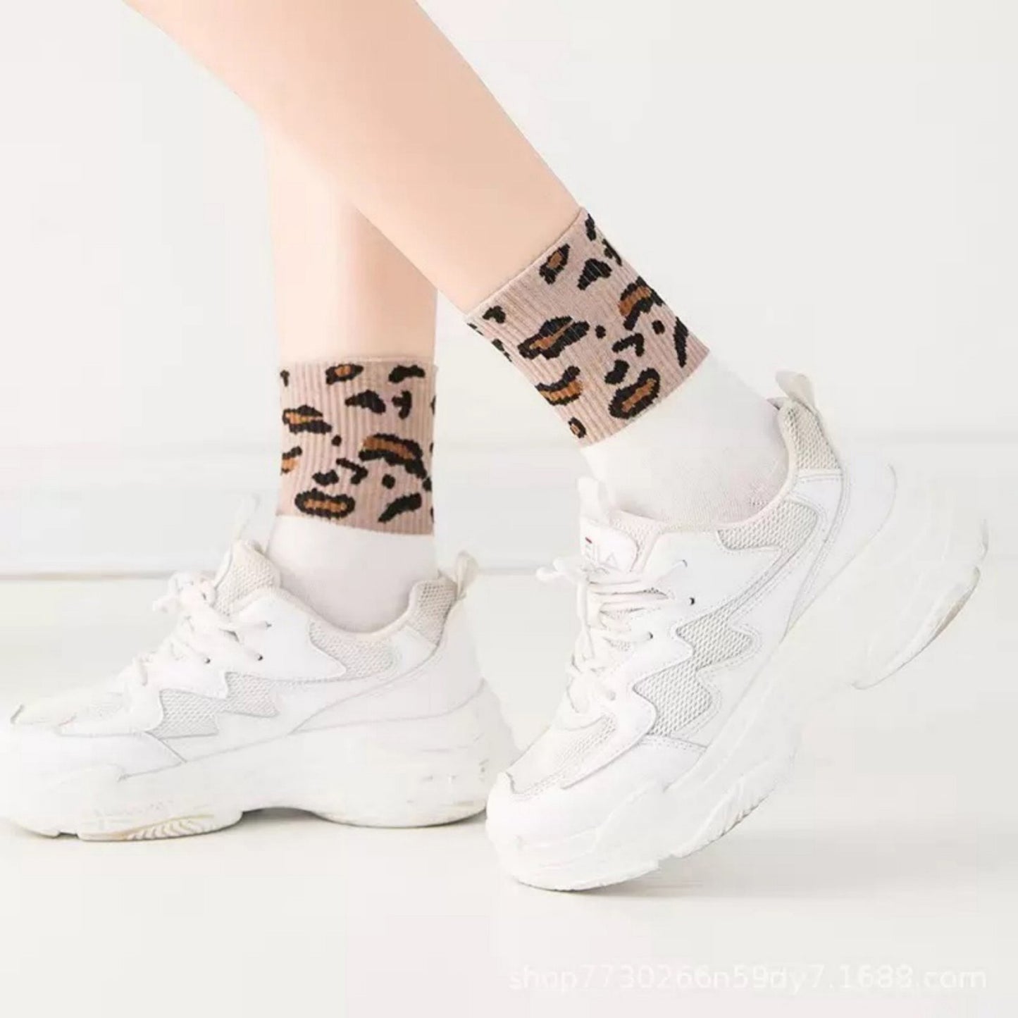 3-Pack Crew Socks with Ribbed Leopard Print Cuffs and Soft Stretch Knit Design