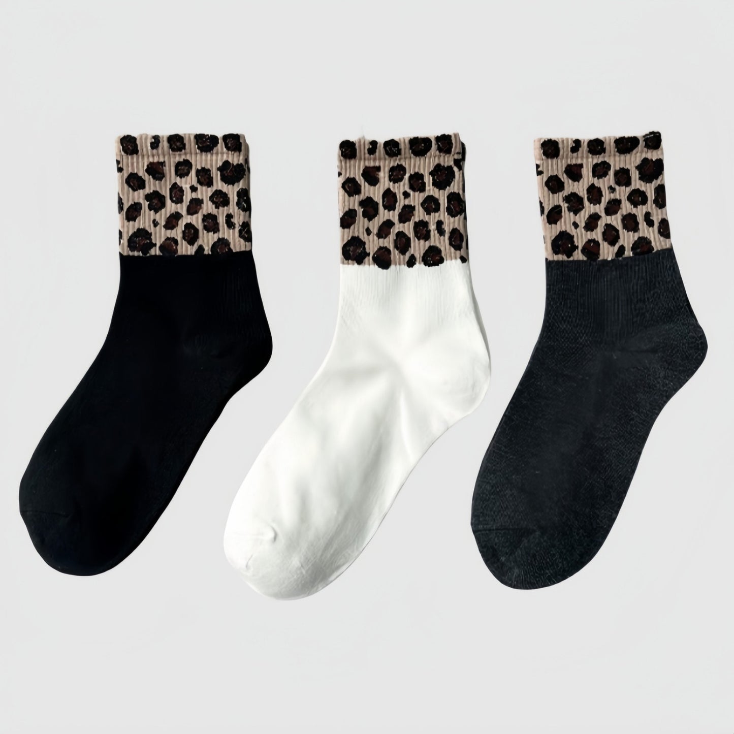 3-Pack Crew Socks with Ribbed Leopard Print Cuffs and Soft Stretch Knit Design