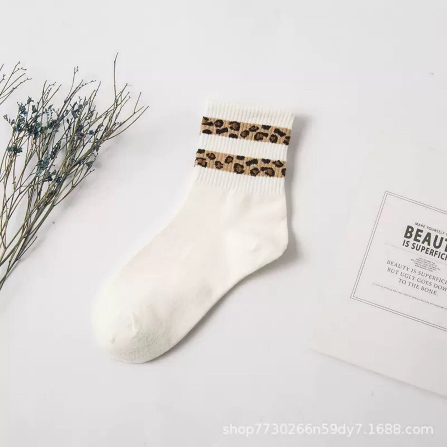 3-Pack Crew Socks with Ribbed Leopard Print Cuffs and Soft Stretch Knit Design