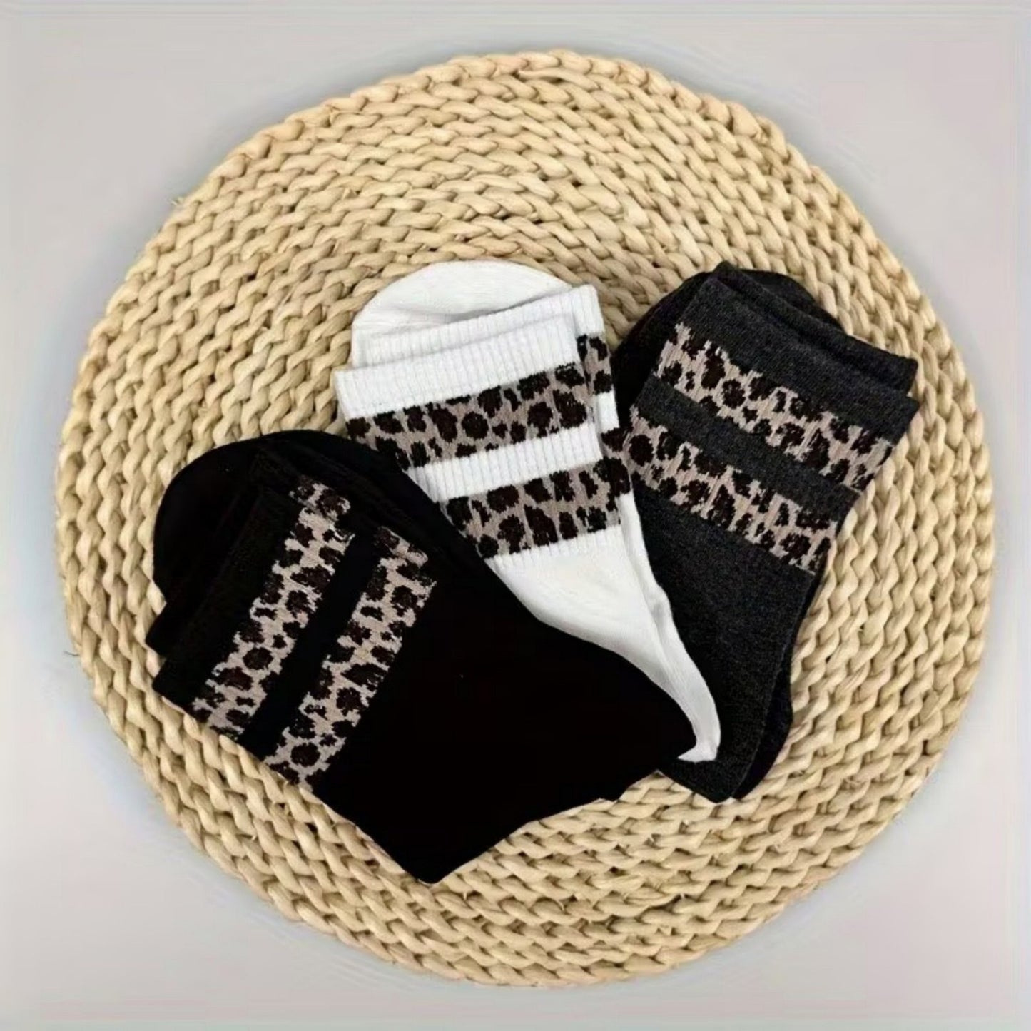 3-Pack Crew Socks with Ribbed Leopard Print Cuffs and Soft Stretch Knit Design