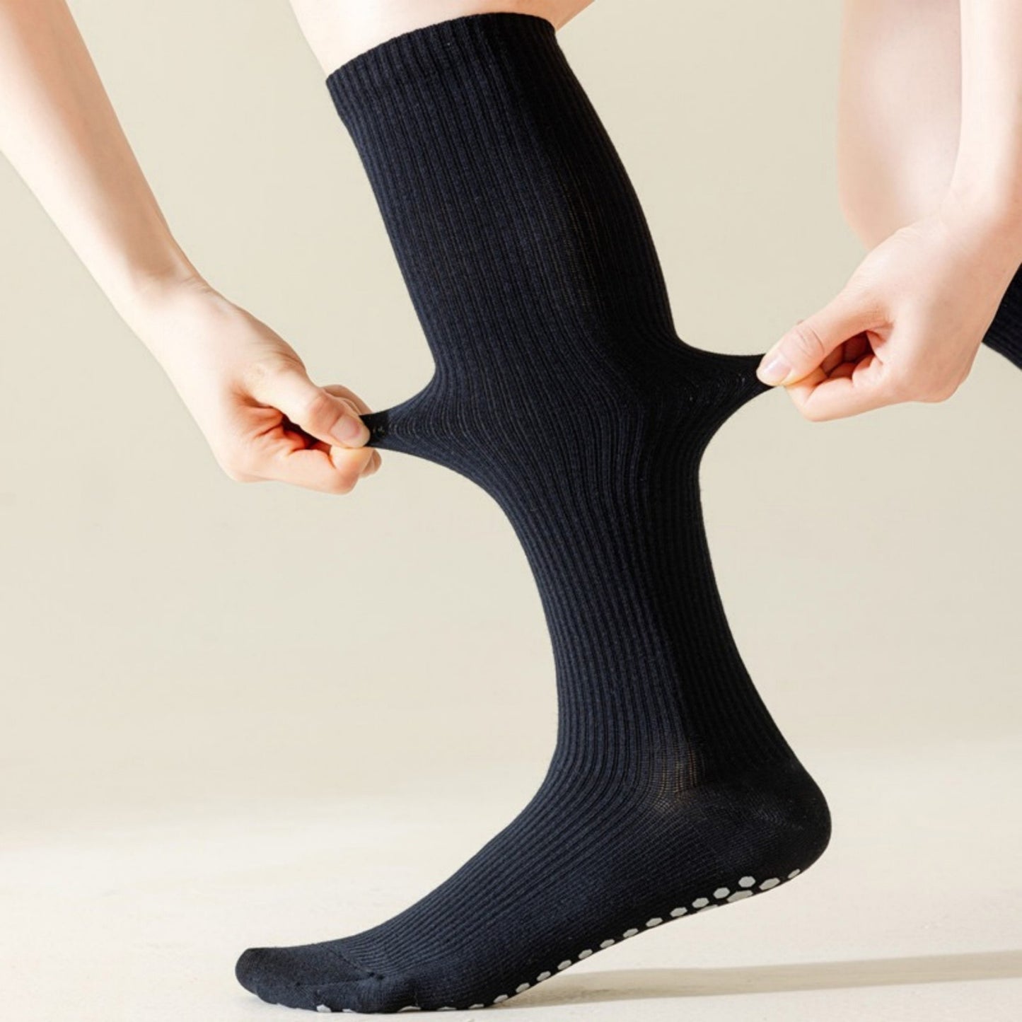 2-Pack Long Ribbed Non-Slip Socks with Grip Soles for Indoor Comfort and Support