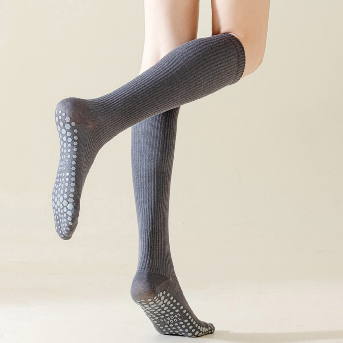 2-Pack Long Ribbed Non-Slip Socks with Grip Soles for Indoor Comfort and Support