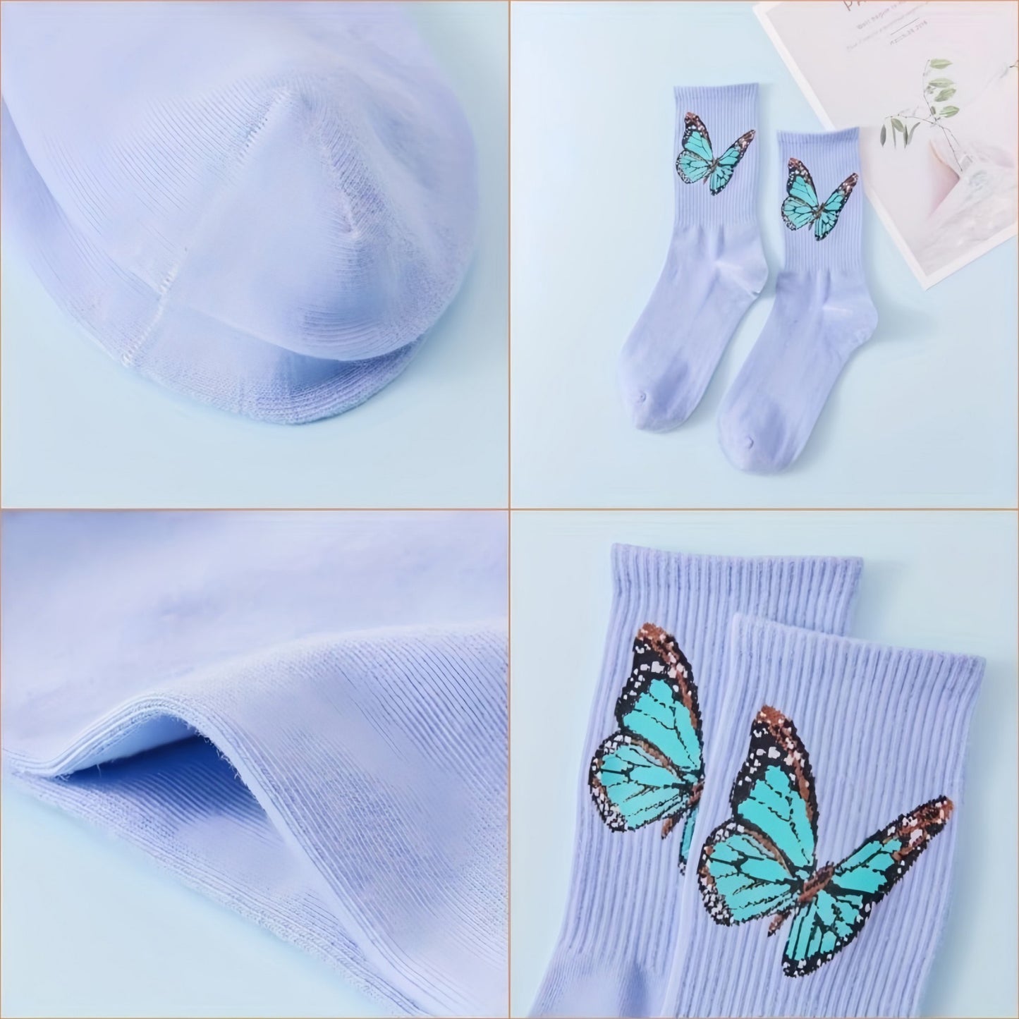 2-Pack Butterfly Graphic Crew Socks Soft Knit Ribbed Cuff Stylish Casual Sock Set