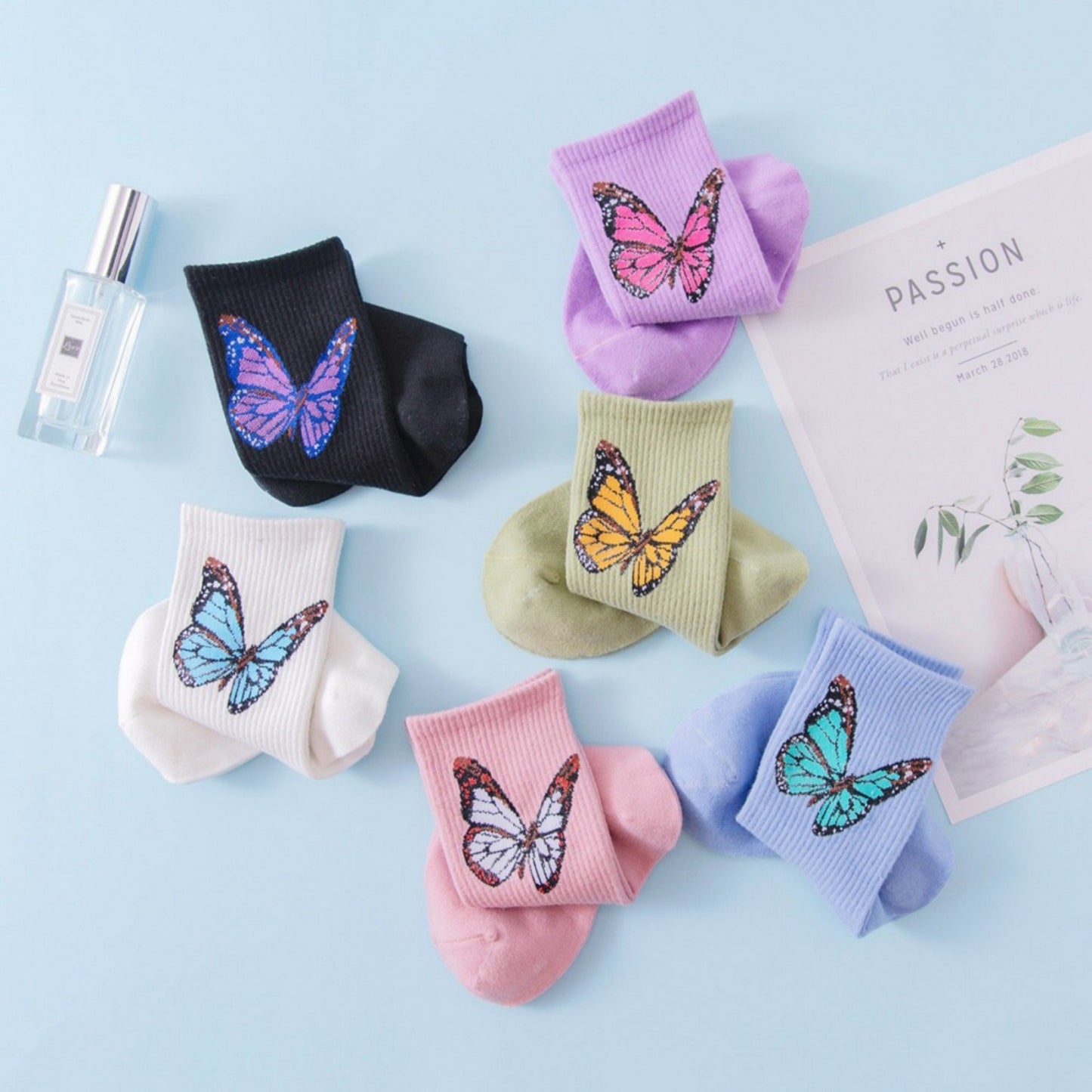 2-Pack Butterfly Graphic Crew Socks Soft Knit Ribbed Cuff Stylish Casual Sock Set