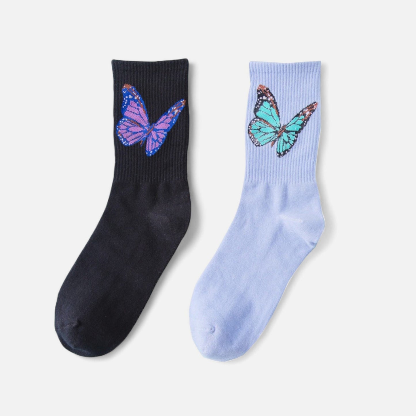 2-Pack Butterfly Graphic Crew Socks Soft Knit Ribbed Cuff Stylish Casual Sock Set