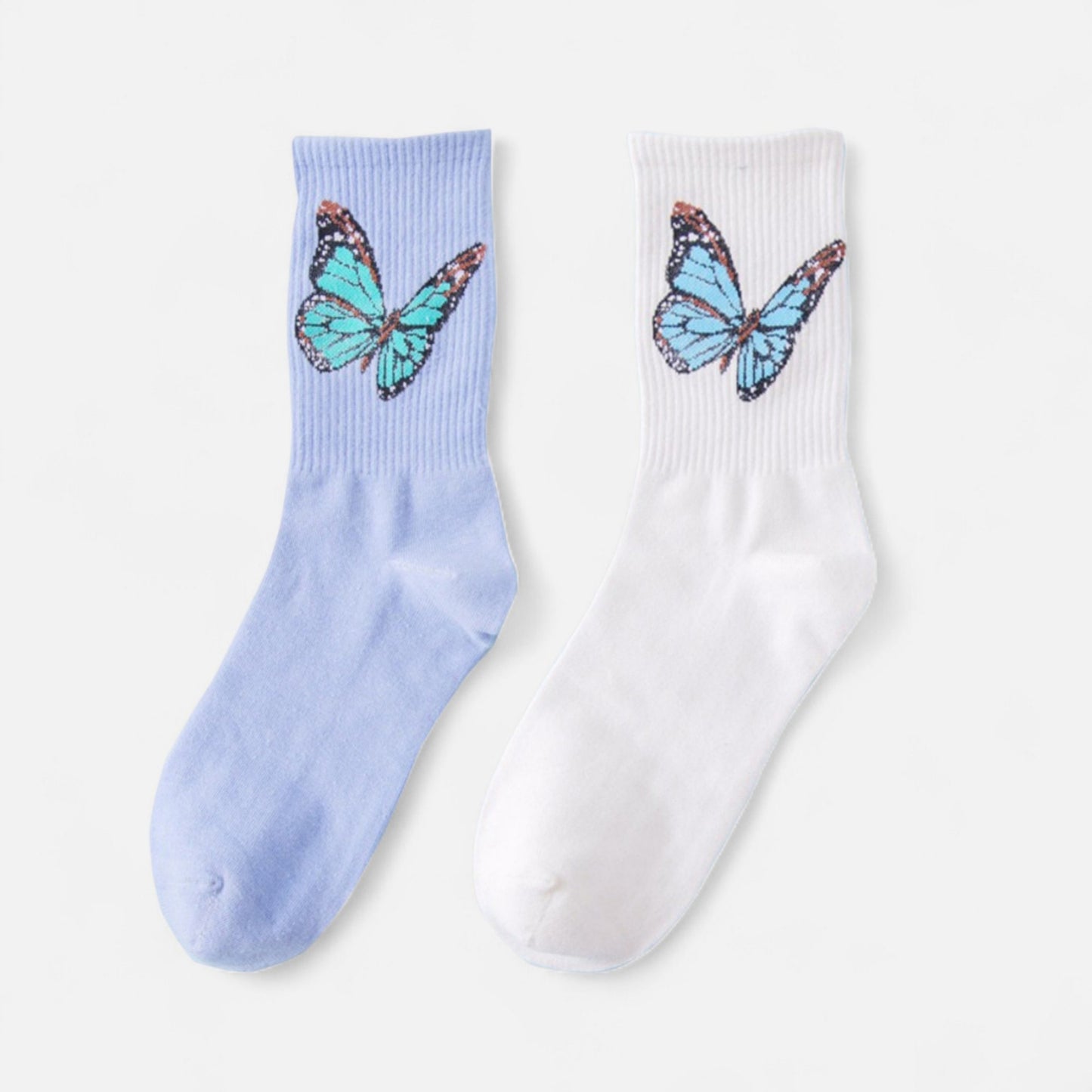 2-Pack Butterfly Graphic Crew Socks Soft Knit Ribbed Cuff Stylish Casual Sock Set