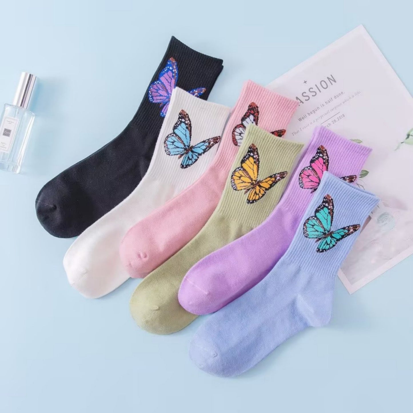 2-Pack Butterfly Graphic Crew Socks Soft Knit Ribbed Cuff Stylish Casual Sock Set