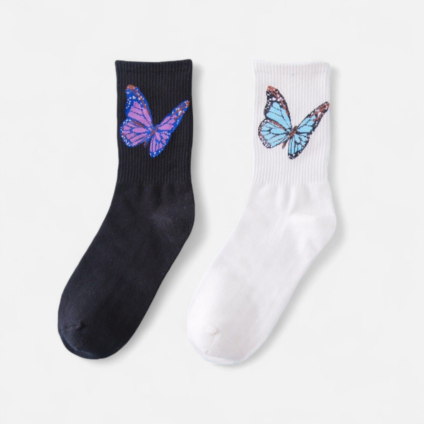 2-Pack Butterfly Graphic Crew Socks Soft Knit Ribbed Cuff Stylish Casual Sock Set