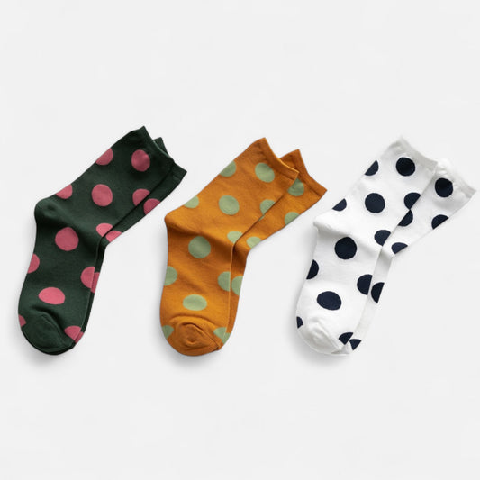 3-Pack Polka Dot Crew Socks Soft Knit Stretch Fabric Bold Retro Dot Pattern Sock Set