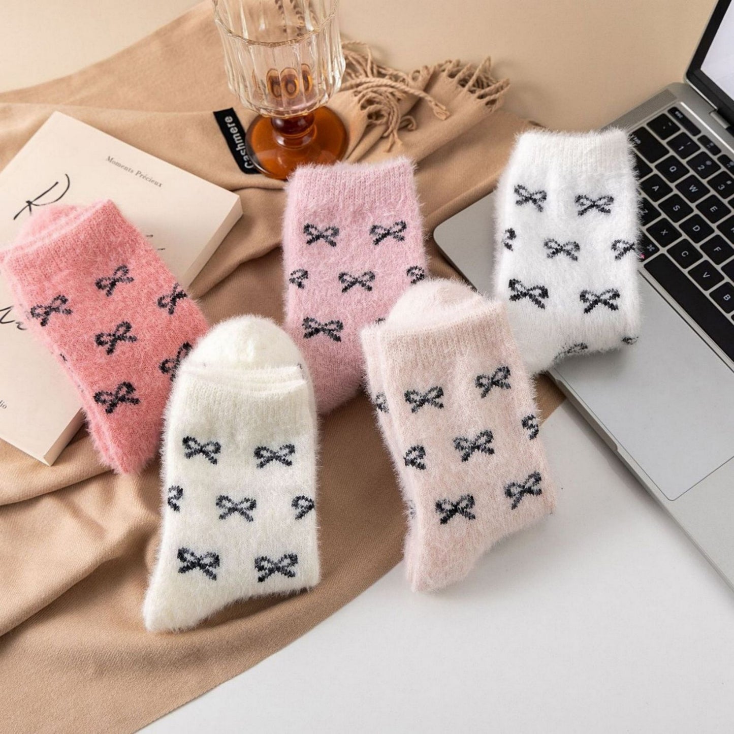 3-Pack Fuzzy Crew Socks with Allover Bow Pattern Soft Cozy Knit Winter Sock Set