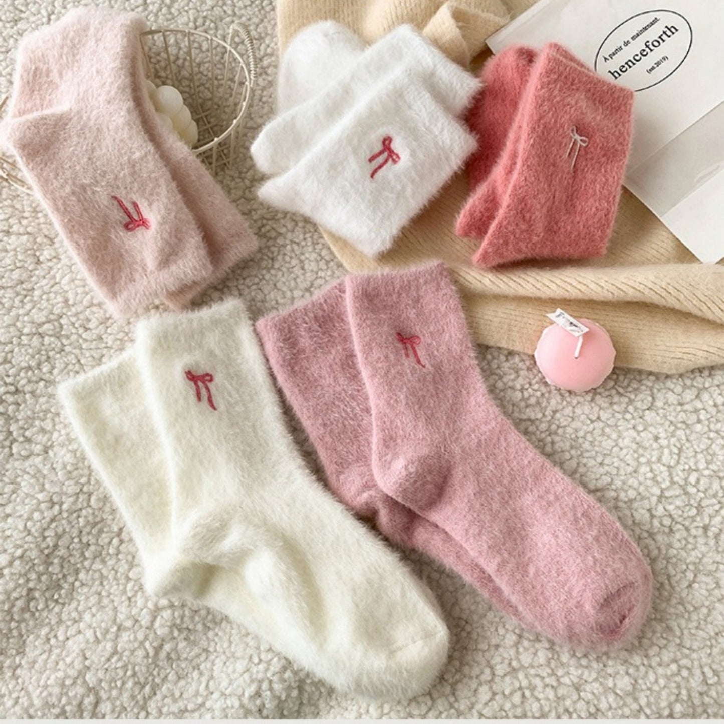 3-Pack Fuzzy Crew Socks with Embroidered Bow Detail Soft Cozy Lounge Sock Set