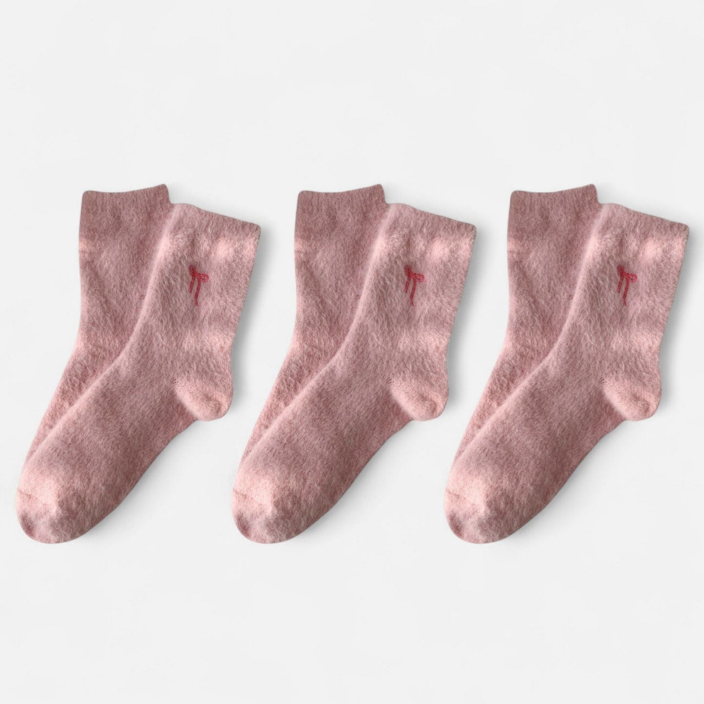 3-Pack Fuzzy Crew Socks with Embroidered Bow Detail Soft Cozy Lounge Sock Set