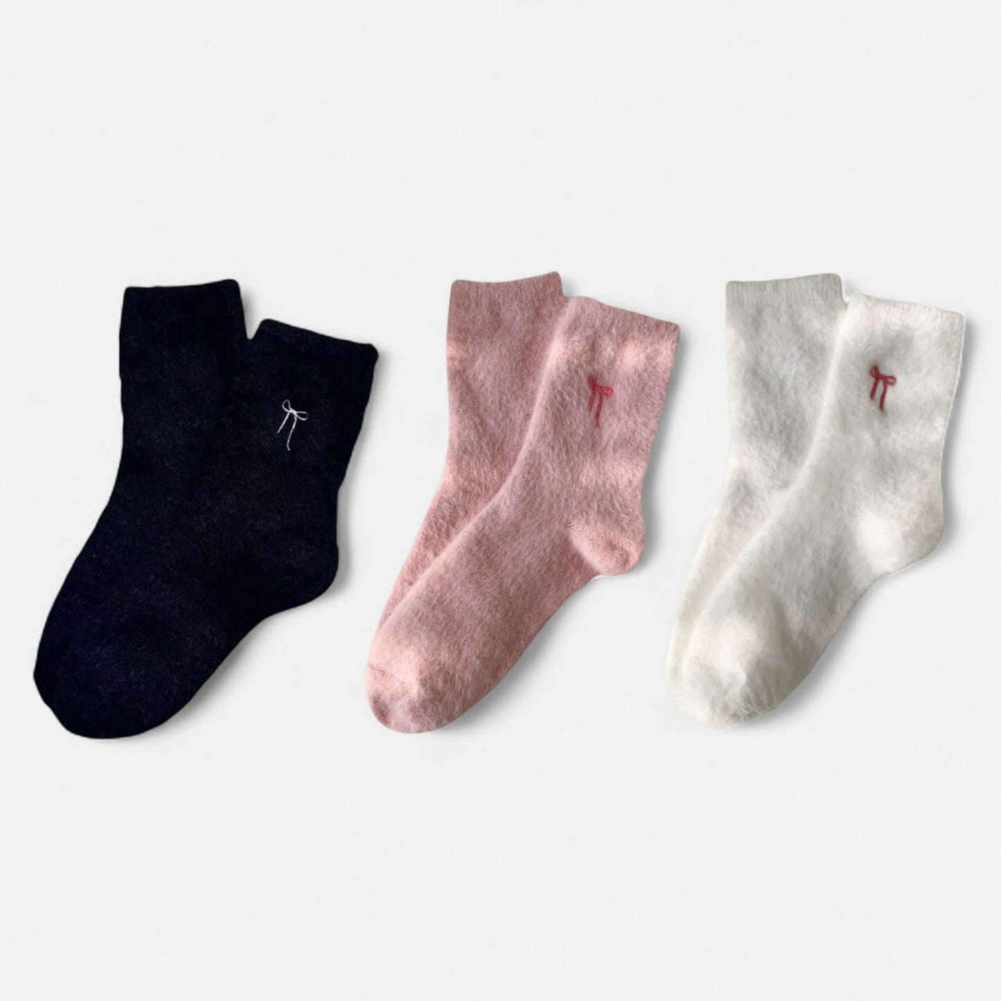 3-Pack Fuzzy Crew Socks with Embroidered Bow Detail Soft Cozy Lounge Sock Set