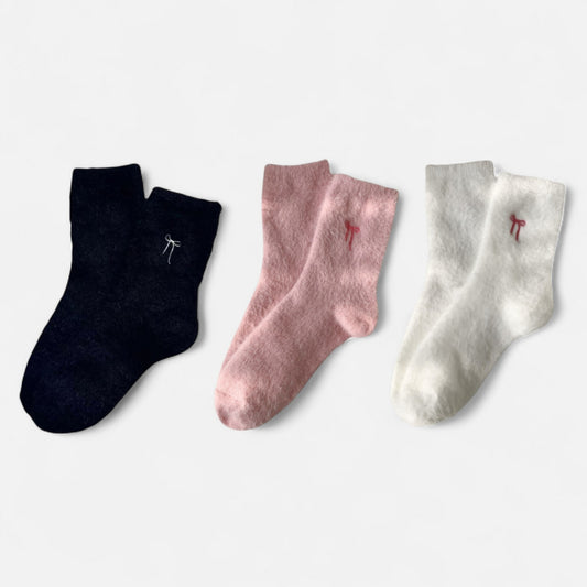 3-Pack Fuzzy Crew Socks with Embroidered Bow Detail Soft Cozy Lounge Sock Set