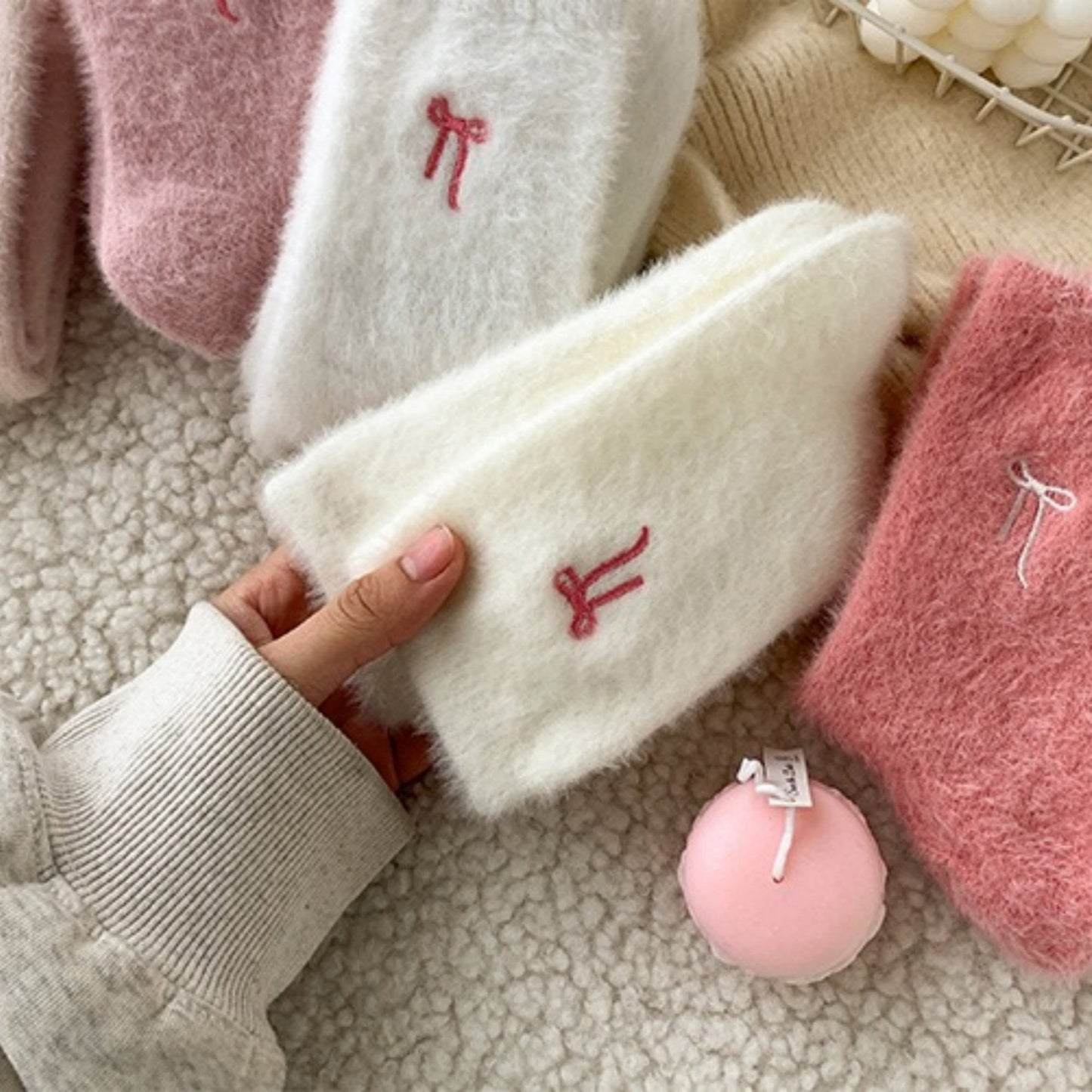 3-Pack Fuzzy Crew Socks with Embroidered Bow Detail Soft Cozy Lounge Sock Set