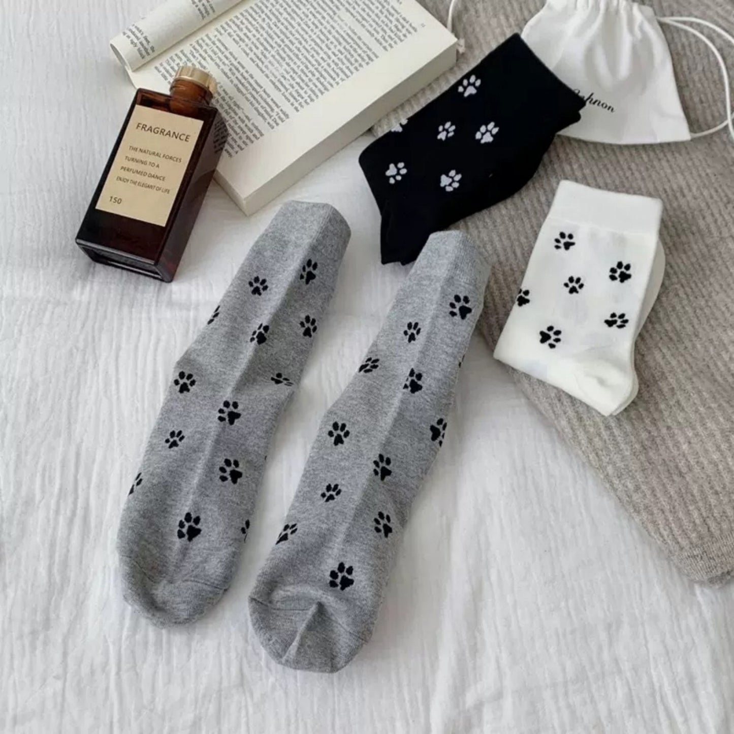 3-Pack Crew Socks with Allover Paw Print Pattern Soft Stretch Casual Sock Set