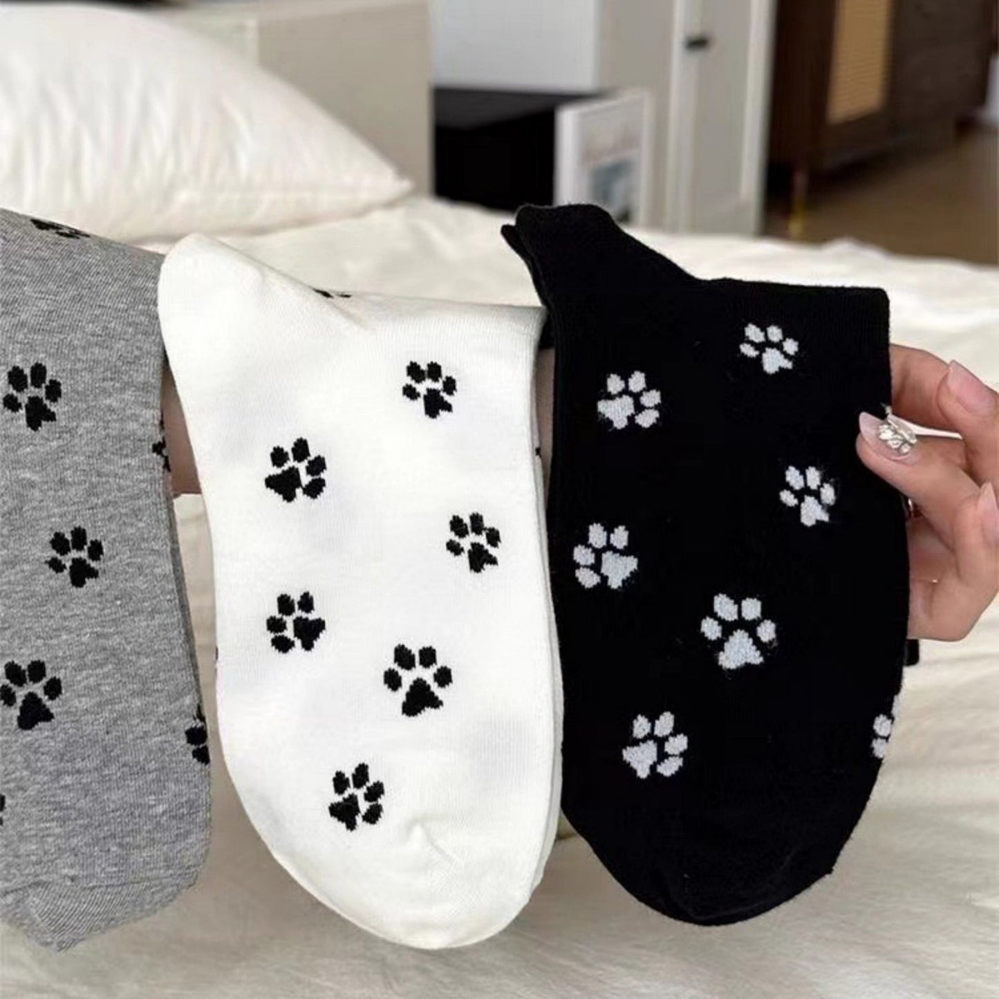3-Pack Crew Socks with Allover Paw Print Pattern Soft Stretch Casual Sock Set