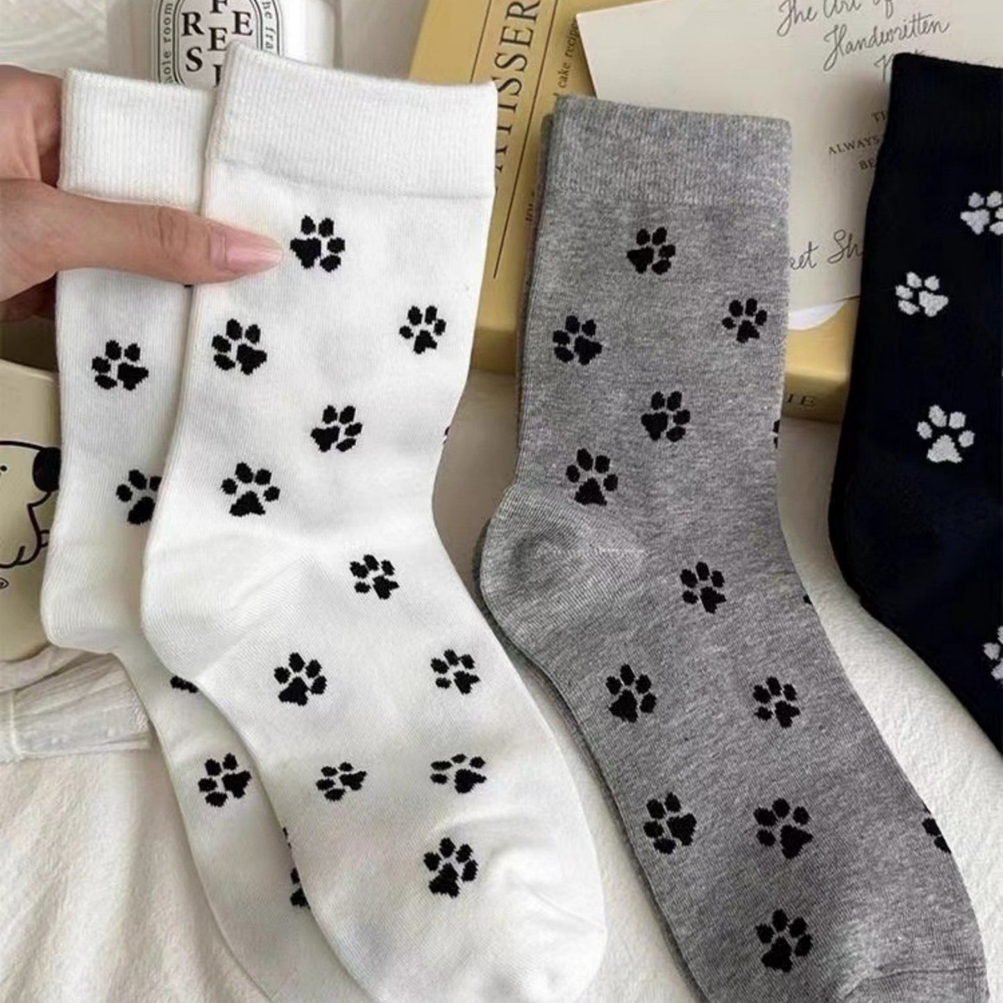 3-Pack Crew Socks with Allover Paw Print Pattern Soft Stretch Casual Sock Set