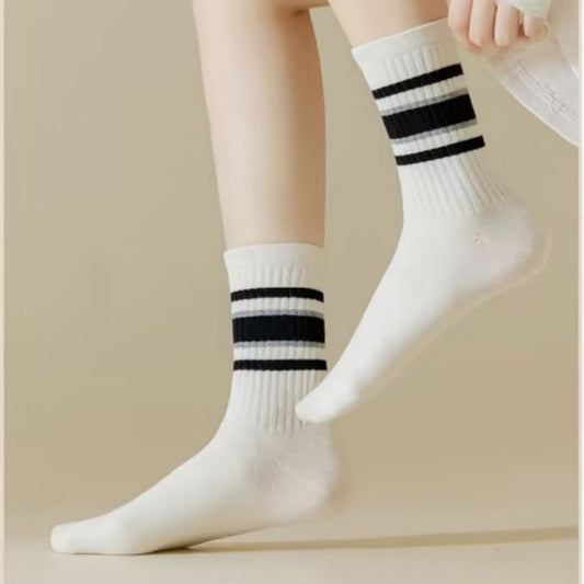 5-Pack Crew Socks Set with Ribbed Knit Texture and Classic Double Stripe Design