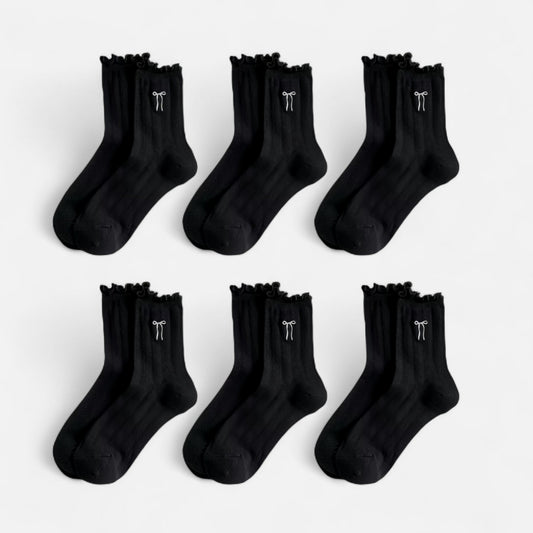 6-Pack Ruffle Trim Crew Socks with Ribbed Texture and Delicate Bow Accent