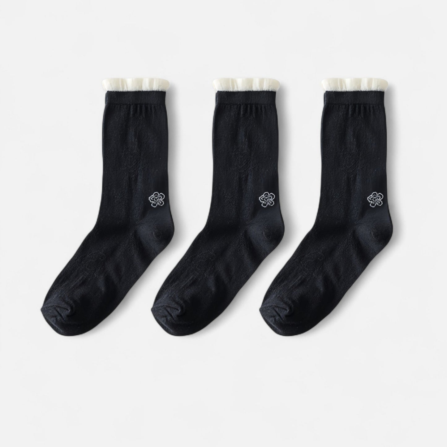 3-Pack Sheer Floral Embroidered Socks with Contrast Ruffle Cuff and Delicate Flower Accents