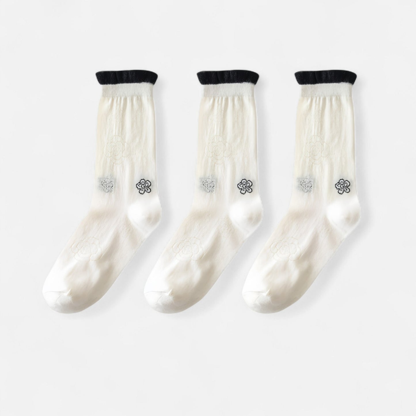 3-Pack Sheer Floral Embroidered Socks with Contrast Ruffle Cuff and Delicate Flower Accents