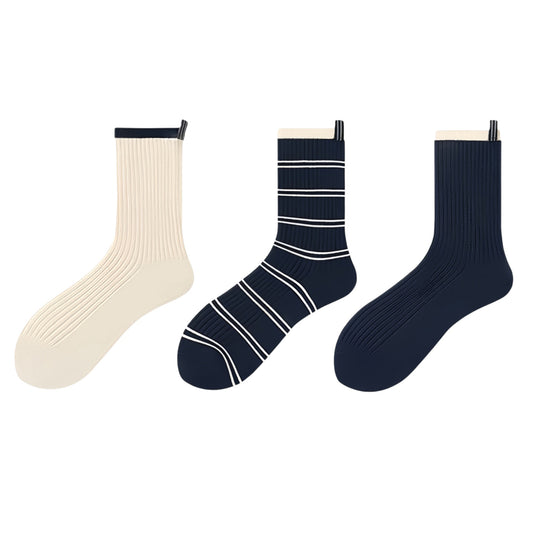Minimalist Stripe Crew Socks 3-Pack Ribbed and Patterned Design in Neutral Tones