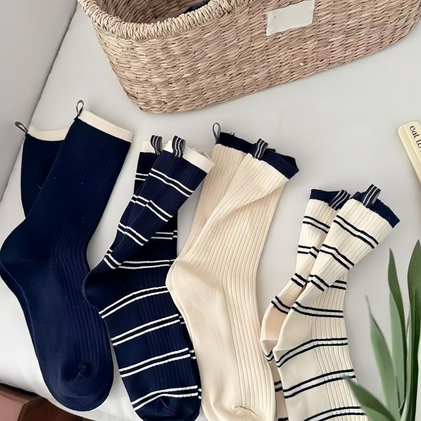 Minimalist Stripe Crew Socks 3-Pack Ribbed and Patterned Design in Neutral Tones