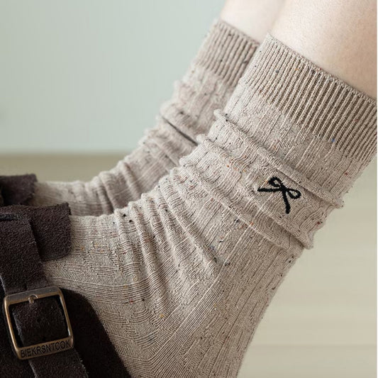 3-Pack Ribbed Crew Socks with Subtle Flecked Texture and Mini Embroidered Bow Accent