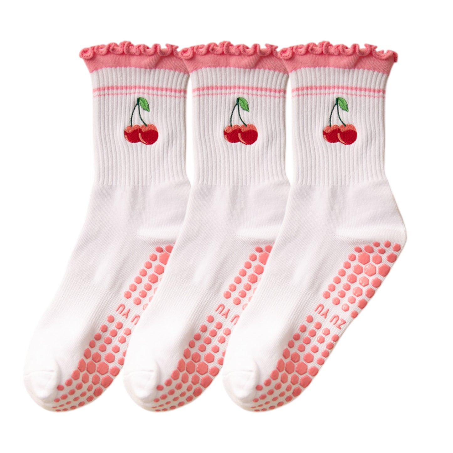 3-Pack Cotton Crew Socks with Non-Slip Grip and Embroidered Fruit and Animal Designs