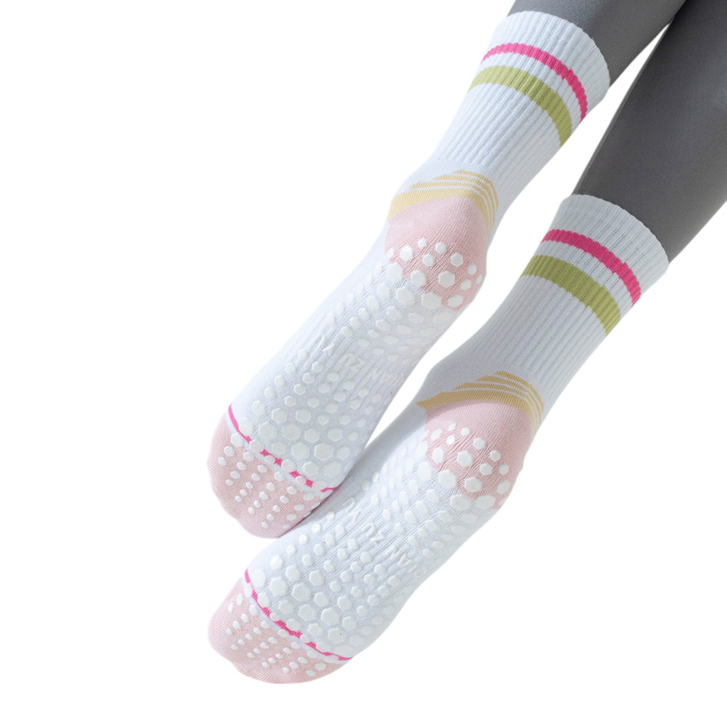 3-Pack Women's Cotton Crew Socks with Color Block Toes Striped Cuffs and Non-Slip Grip Soles