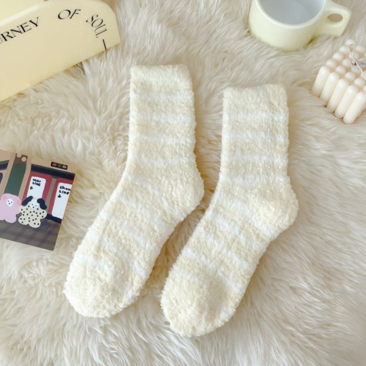 3 Pairs Plush Crew Socks with Cozy Striped Design