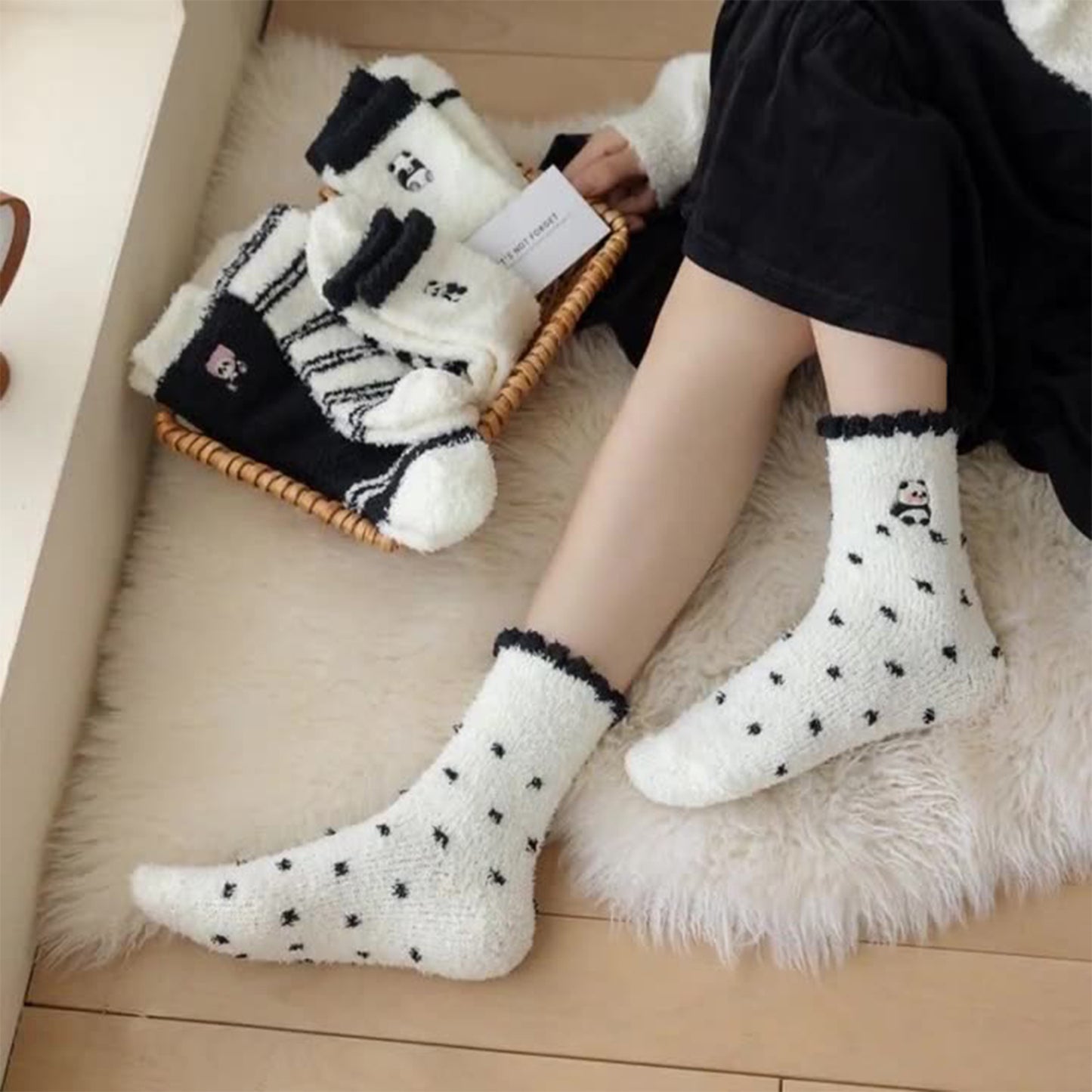 3 Pairs Cozy Fluffy Crew Socks with Cute Panda Embroidery and Fun Pattern Designs