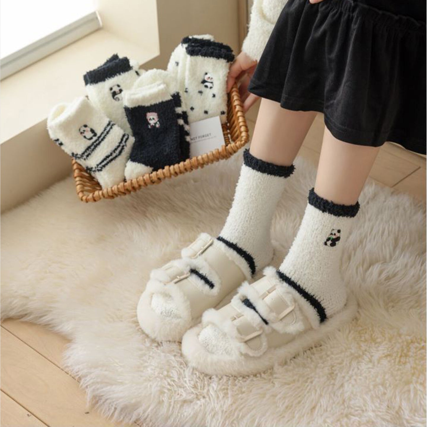 3 Pairs Cozy Fluffy Crew Socks with Cute Panda Embroidery and Fun Pattern Designs
