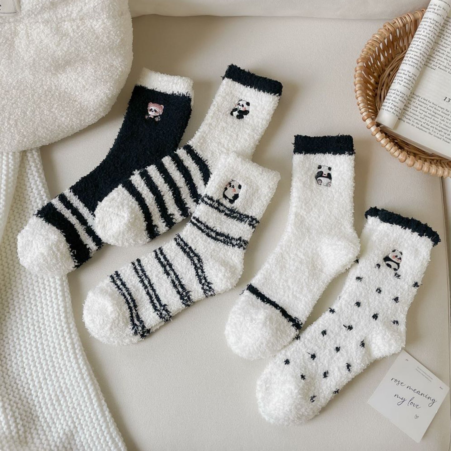 3 Pairs Cozy Fluffy Crew Socks with Cute Panda Embroidery and Fun Pattern Designs