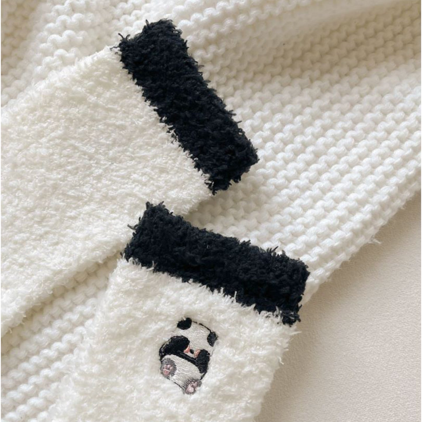 3 Pairs Cozy Fluffy Crew Socks with Cute Panda Embroidery and Fun Pattern Designs