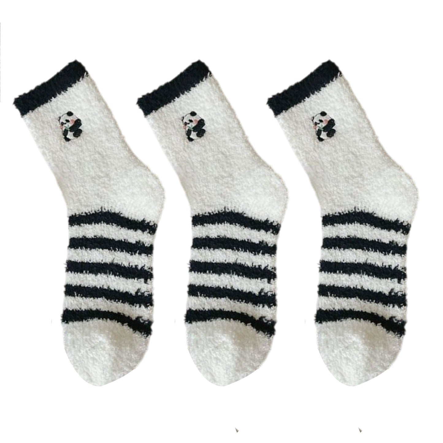 3 Pairs Cozy Fluffy Crew Socks with Cute Panda Embroidery and Fun Pattern Designs