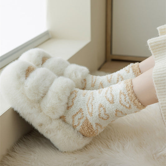 3 Pairs Cozy Fluffy Crew Socks with Heart Pattern Design for Women
