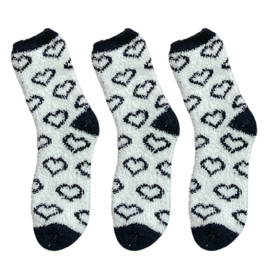 3 Pairs Cozy Fluffy Crew Socks with Heart Pattern Design for Women