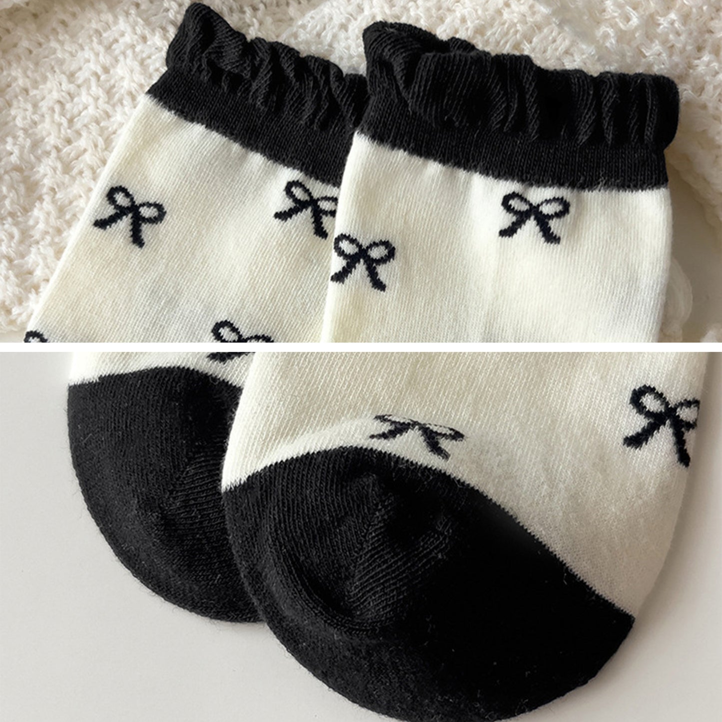 3 Pairs Women's Mid-Calf Socks with Bow Pattern and Ruffled Cuff