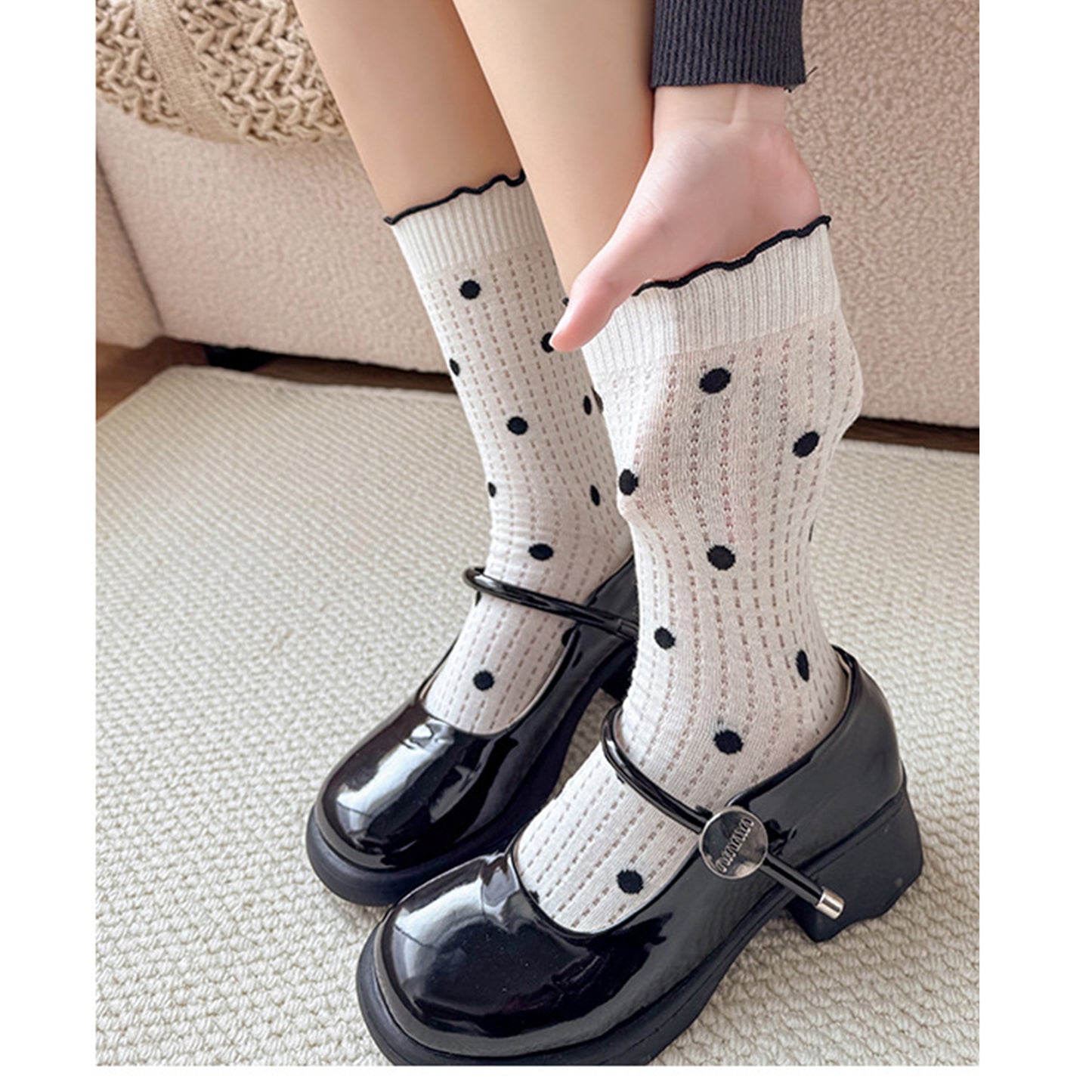 3 Pairs Women's Mid-Calf Polka Dot Socks with Lettuce Edge Cuff