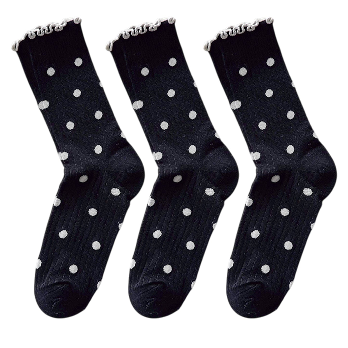 3 Pairs Women's Mid-Calf Polka Dot Socks with Lettuce Edge Cuff
