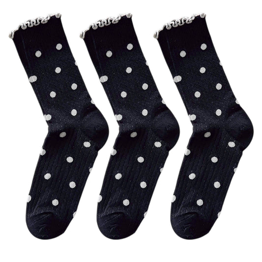 3 Pairs Women's Mid-Calf Polka Dot Socks with Lettuce Edge Cuff