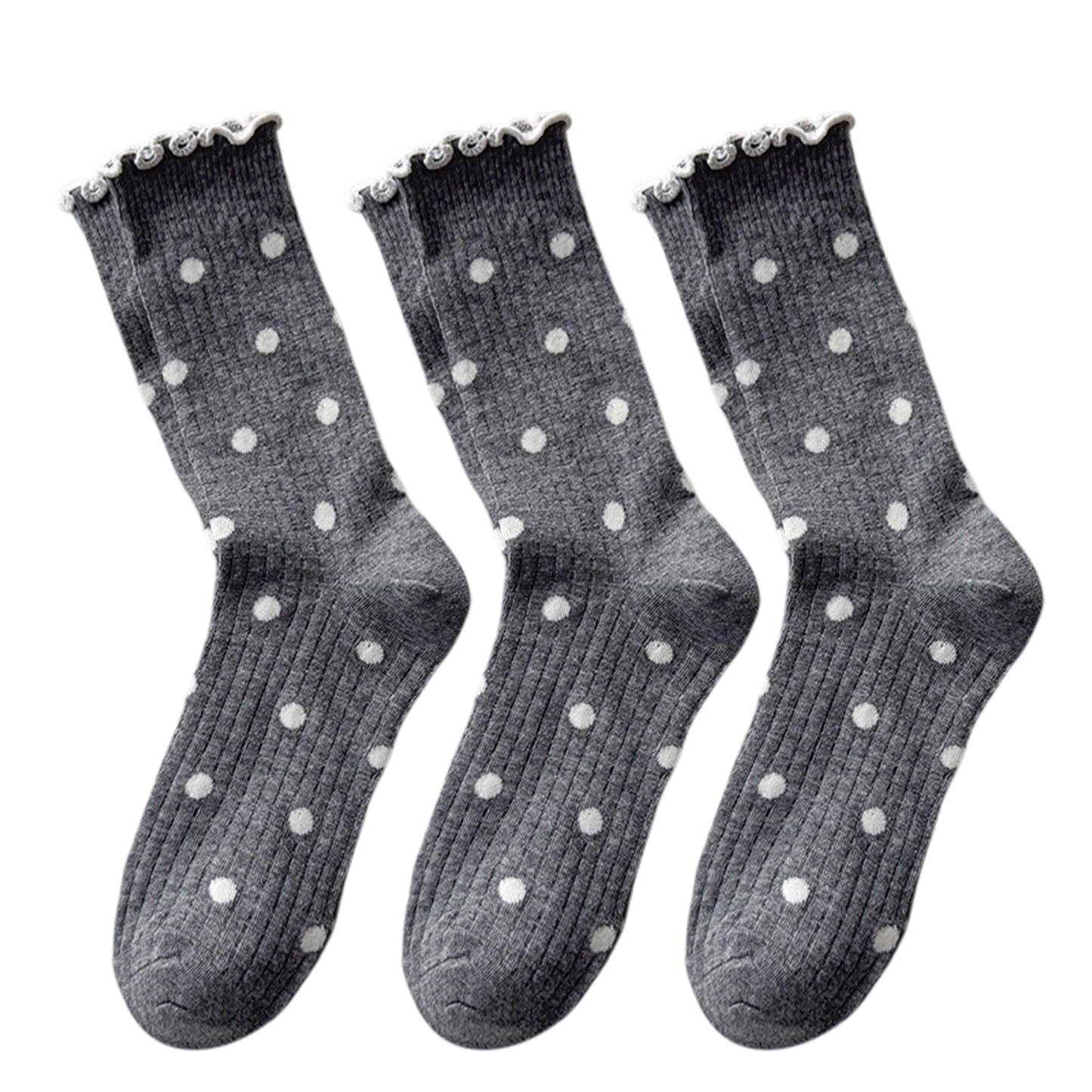 3 Pairs Women's Mid-Calf Polka Dot Socks with Lettuce Edge Cuff